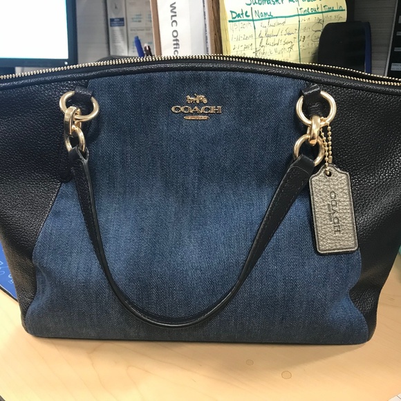 Coach Handbags - Coach Kelsey Denim and Black Leather Satchel